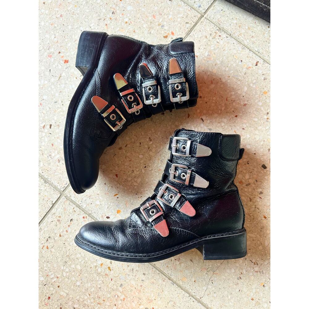 Marc Fisher Black Faux Leather Ankle Bootie Buckle Strap Diante Punk Grunge 7.5